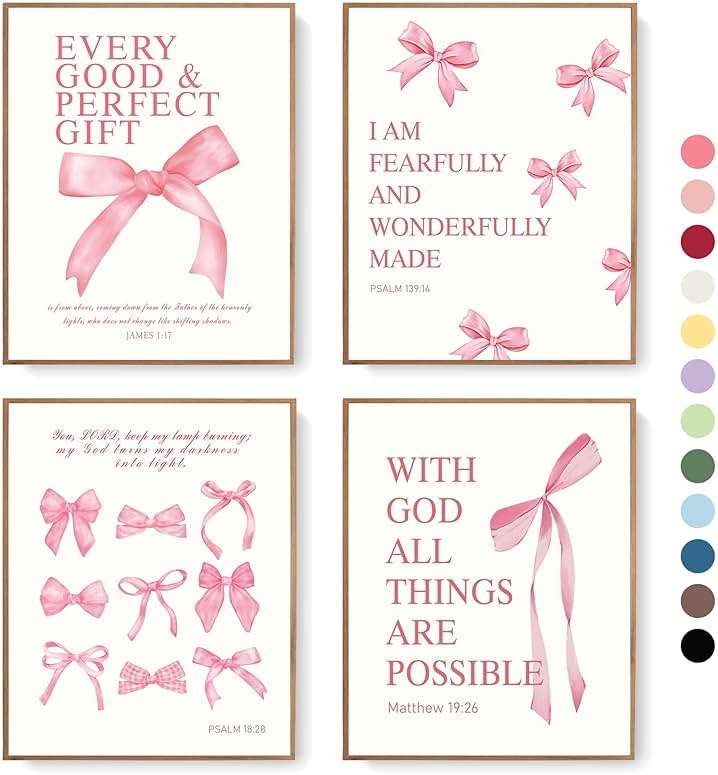 LARTSFRO Coquette Pink Bow Christian Wall Art Decor Posters, Pink Bow Christian Bathroom Room Bedroom Dorm Wall Art Decor Aesthetic for College Teen Girls Gifts,Inspirational Bible Verses Bow Wall Decor, 10x8 Inch Set of 4 Bow Pictures(UNFRAMED) - Image 1