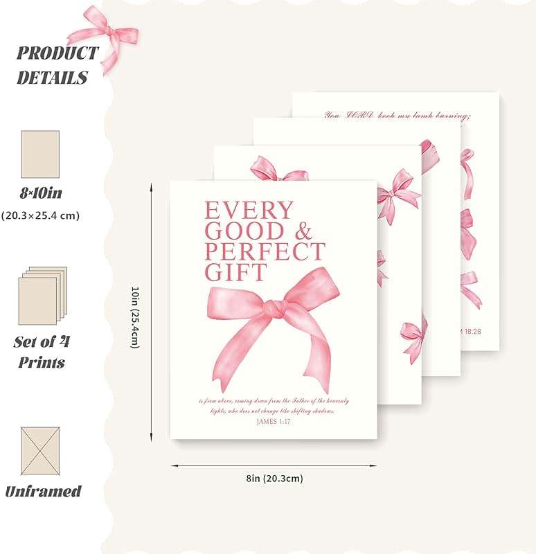 LARTSFRO Coquette Pink Bow Christian Wall Art Decor Posters, Pink Bow Christian Bathroom Room Bedroom Dorm Wall Art Decor Aesthetic for College Teen Girls Gifts,Inspirational Bible Verses Bow Wall Decor, 10x8 Inch Set of 4 Bow Pictures(UNFRAMED) - Image 2