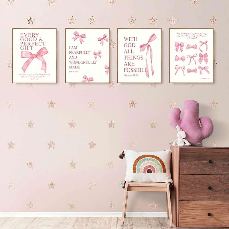 LARTSFRO Coquette Pink Bow Christian Wall Art Decor Posters, Pink Bow Christian Bathroom Room Bedroom Dorm Wall Art Decor Aesthetic for College Teen Girls Gifts,Inspirational Bible Verses Bow Wall Decor, 10x8 Inch Set of 4 Bow Pictures(UNFRAMED) - Image 3