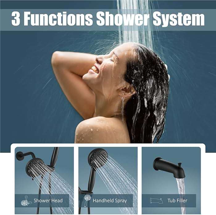 Aolemi Shower Faucet Set with Tub Spout Rain Shower Head System Shower Trim Kit Pressure Rough-in Valve Included ABS 8 Setting Dual Shower Head and Handheld Spray Matte Black - Image 3