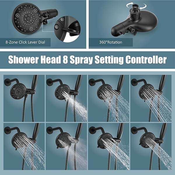 Aolemi Shower Faucet Set with Tub Spout Rain Shower Head System Shower Trim Kit Pressure Rough-in Valve Included ABS 8 Setting Dual Shower Head and Handheld Spray Matte Black - Image 4