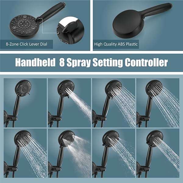 Aolemi Shower Faucet Set with Tub Spout Rain Shower Head System Shower Trim Kit Pressure Rough-in Valve Included ABS 8 Setting Dual Shower Head and Handheld Spray Matte Black - Image 5