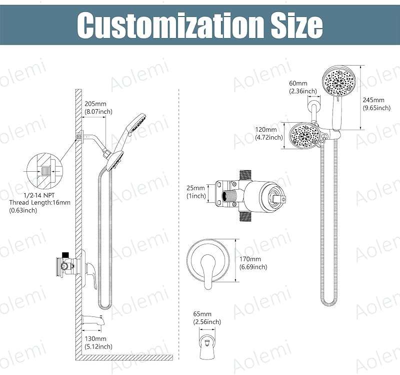 Aolemi Shower Faucet Set with Tub Spout Rain Shower Head System Shower Trim Kit Pressure Rough-in Valve Included ABS 8 Setting Dual Shower Head and Handheld Spray Matte Black - Image 6