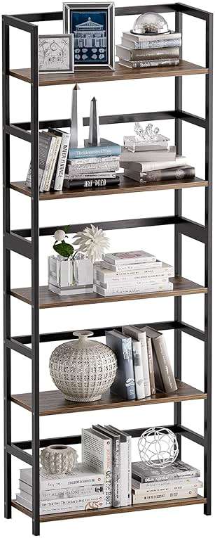 vovala 5-Tier Bookshelf, Industrial Bookcase with Bamboo Frame, Modern Display Standing Shelf Unit, Tall Wood Storage Organizer for Living Room, Home Office, Rustic Brown - Image 1