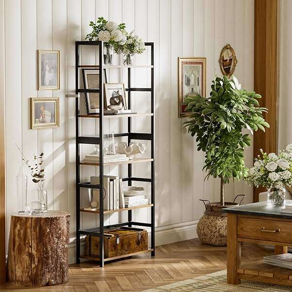 vovala 5-Tier Bookshelf, Industrial Bookcase with Bamboo Frame, Modern Display Standing Shelf Unit, Tall Wood Storage Organizer for Living Room, Home Office, Rustic Brown - Image 2