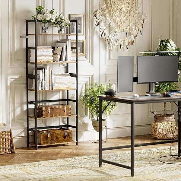 vovala 5-Tier Bookshelf, Industrial Bookcase with Bamboo Frame, Modern Display Standing Shelf Unit, Tall Wood Storage Organizer for Living Room, Home Office, Rustic Brown - Image 4