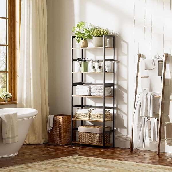 vovala 5-Tier Bookshelf, Industrial Bookcase with Bamboo Frame, Modern Display Standing Shelf Unit, Tall Wood Storage Organizer for Living Room, Home Office, Rustic Brown - Image 5