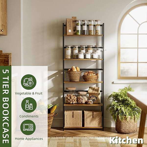 vovala 5-Tier Bookshelf, Industrial Bookcase with Bamboo Frame, Modern Display Standing Shelf Unit, Tall Wood Storage Organizer for Living Room, Home Office, Rustic Brown - Image 9