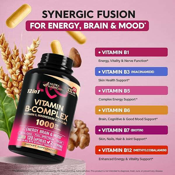 Vitamin B Complex for Men & Women - Riboflavin B2, B12, B1, B3, B5, B6, B7, B8, B9 | Vitamin C, Choline, Inositol | B-Complex Supplement | Energy, Brain & Heart Support | Lab Tested | 120 Vegan Caps - Image 3