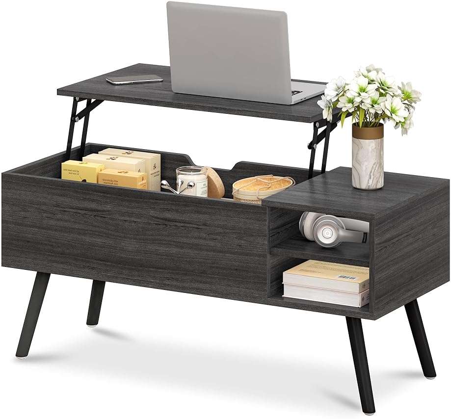 ALINE FURNITURE Gray Coffee Table Lift Top - Dark Grey Coffee Table with Solid Wood Legs, Hidden Storage Compartment & Open Shelves - 40" Rectangle Coffee Tables for Living Room - Image 1