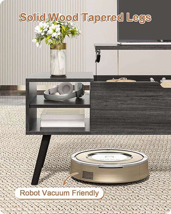 ALINE FURNITURE Gray Coffee Table Lift Top - Dark Grey Coffee Table with Solid Wood Legs, Hidden Storage Compartment & Open Shelves - 40" Rectangle Coffee Tables for Living Room - Image 4