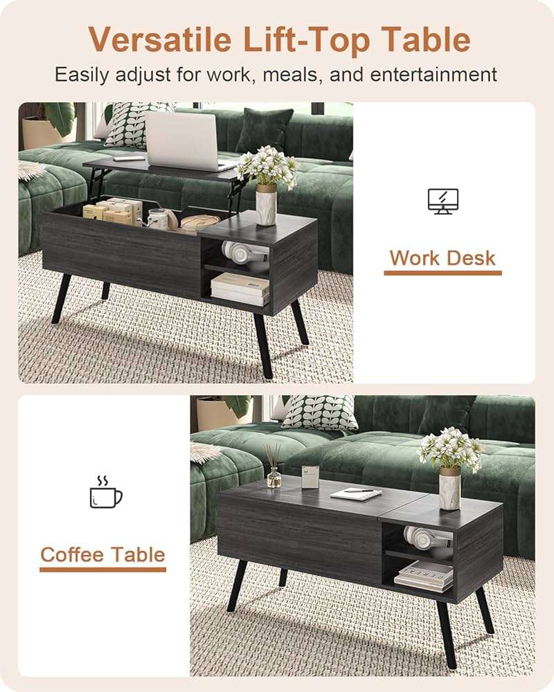 ALINE FURNITURE Gray Coffee Table Lift Top - Dark Grey Coffee Table with Solid Wood Legs, Hidden Storage Compartment & Open Shelves - 40" Rectangle Coffee Tables for Living Room - Image 5