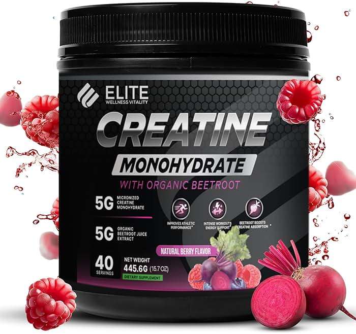 Elite Wellness Berry Flavor Creatine Monohydrate with Organic Beetroot Supplement - Supports Muscle Strength, Stamina, Cognitive Function & Athletic Performance, Gluten & Dairy Free, NSF Qualified - Image 1