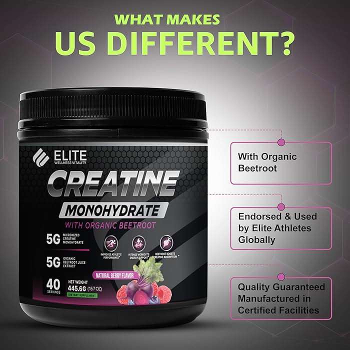 Elite Wellness Berry Flavor Creatine Monohydrate with Organic Beetroot Supplement - Supports Muscle Strength, Stamina, Cognitive Function & Athletic Performance, Gluten & Dairy Free, NSF Qualified - Image 6
