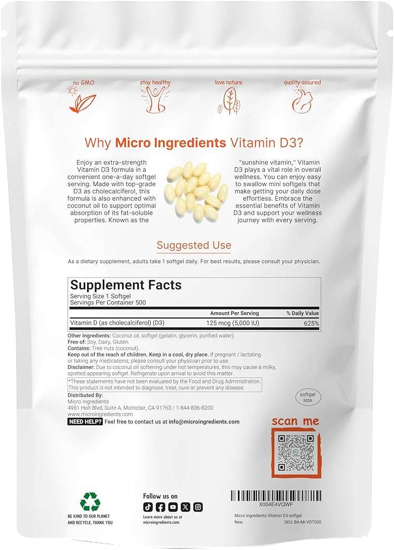 Micro Ingredients Vitamin D3 5,000 IU, 500 Softgels | Virgin Coconut Oil | Cholecalciferol Form | Bone, Immune & Heart Support | Easy to Swallow, Non-GMO - Image 2