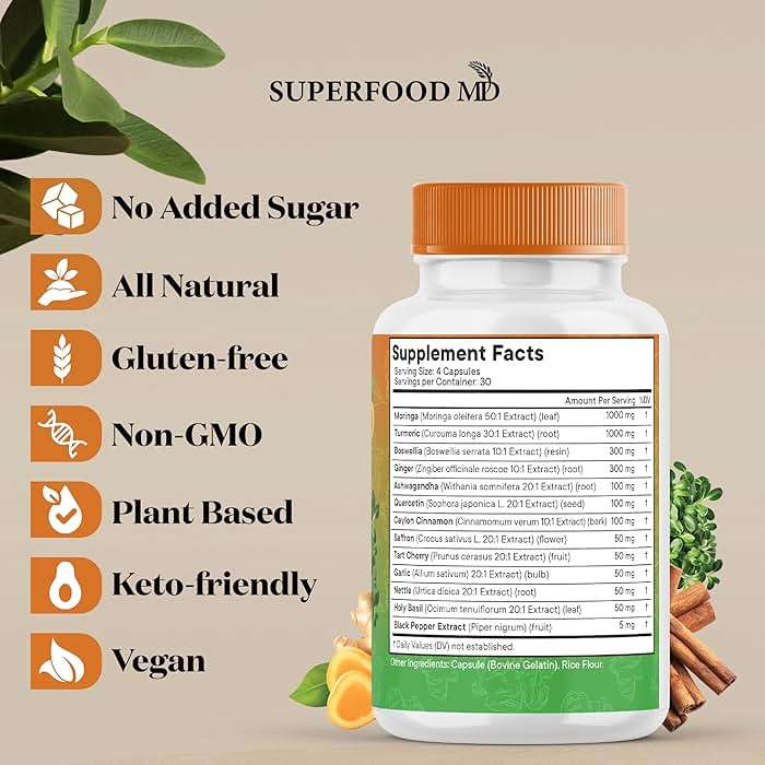 Turmeric Moringa Supplement | Ginger, Boswellia, Saffron, Holy Basil- Joint Support Supplement for Women and Men with Ceylon Cinnamon, Quercetin, Tart Cherry- 240 Count - Image 6