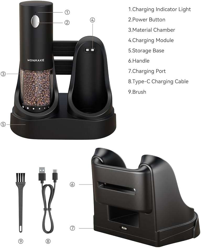 Electric Salt and Pepper Grinder Set - Automatic Refillable Salt and Pepper Grinders with Charging Base & LED Light, Adjustable Coarseness, One-handed Easy Operation, Ideal Kitchen Gadget - Image 3