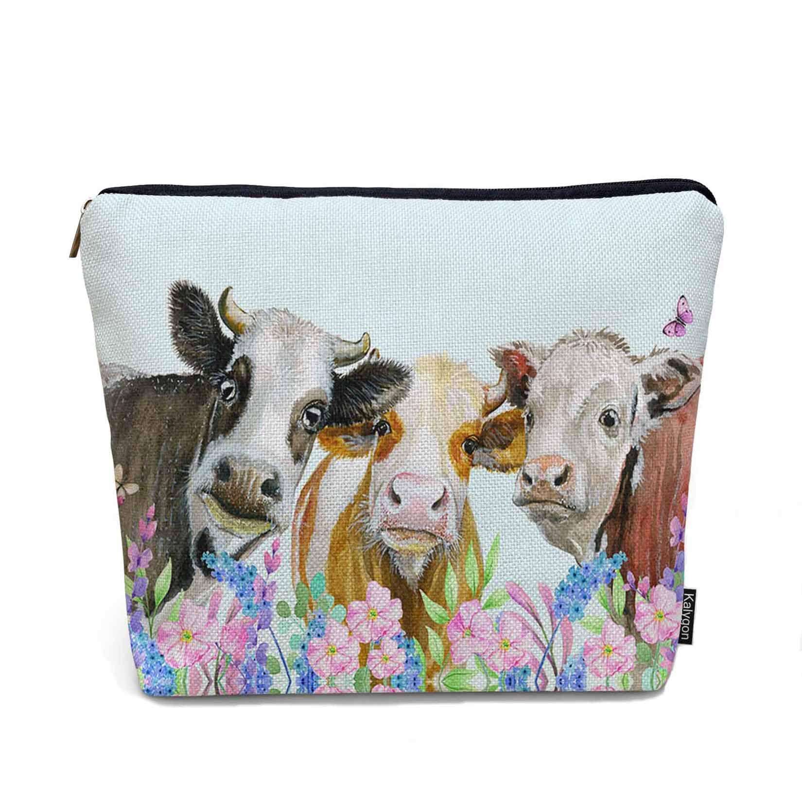 Kalygon Cow Makeup Bags Makeup Organizer, Farm Cows Cute Milk Cattle Flowers Flax Toiletry Bags Travel Cosmetic Bag Makeup Purse Pouch Skincare Bag Wallet Bags For Women Female Mom Daughter - Image 1
