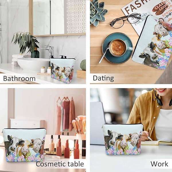 Kalygon Cow Makeup Bags Makeup Organizer, Farm Cows Cute Milk Cattle Flowers Flax Toiletry Bags Travel Cosmetic Bag Makeup Purse Pouch Skincare Bag Wallet Bags For Women Female Mom Daughter - Image 6