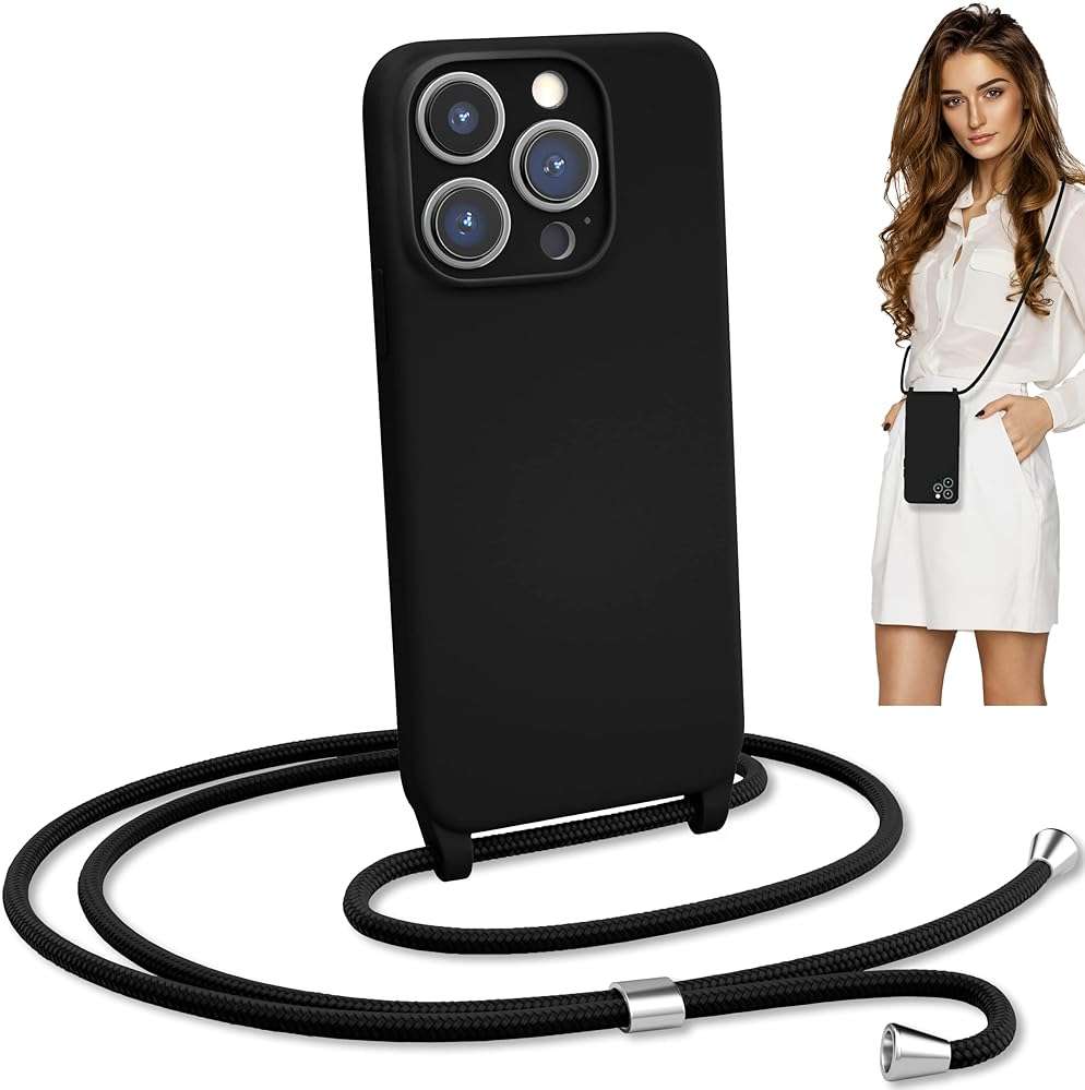 Blaspins Crossbody Lanyard Strap Case for iPhone 16 Pro, Hands-Free Neck Cross Body Wrist, Adjustable Rope Removable, Drop Protection Shockproof Silicone Case 6.3 inch, 160 cm Strap, iP16Pro - Black - Image 1
