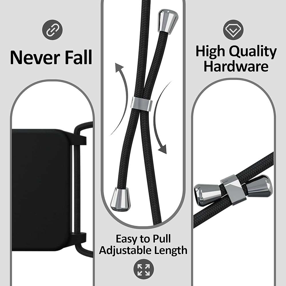 Blaspins Crossbody Lanyard Strap Case for iPhone 16 Pro, Hands-Free Neck Cross Body Wrist, Adjustable Rope Removable, Drop Protection Shockproof Silicone Case 6.3 inch, 160 cm Strap, iP16Pro - Black - Image 3