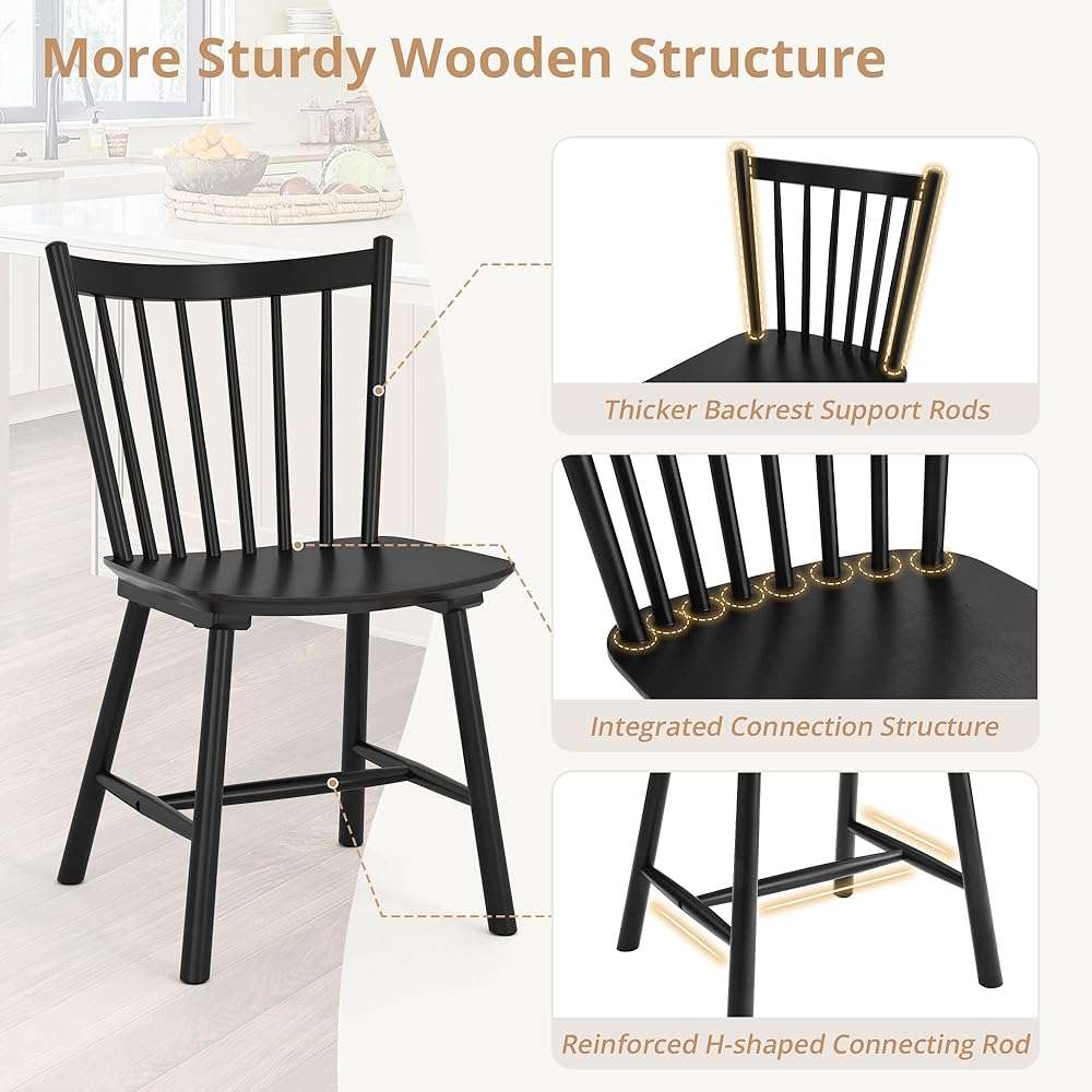 LUE BONA Upgraded Dining Chairs Set of 4, Farmhouse Wooden Spindle Back Kitchen Chairs, Windsor Dining Chairs for Kitchen and Dining Room, Black - Image 4