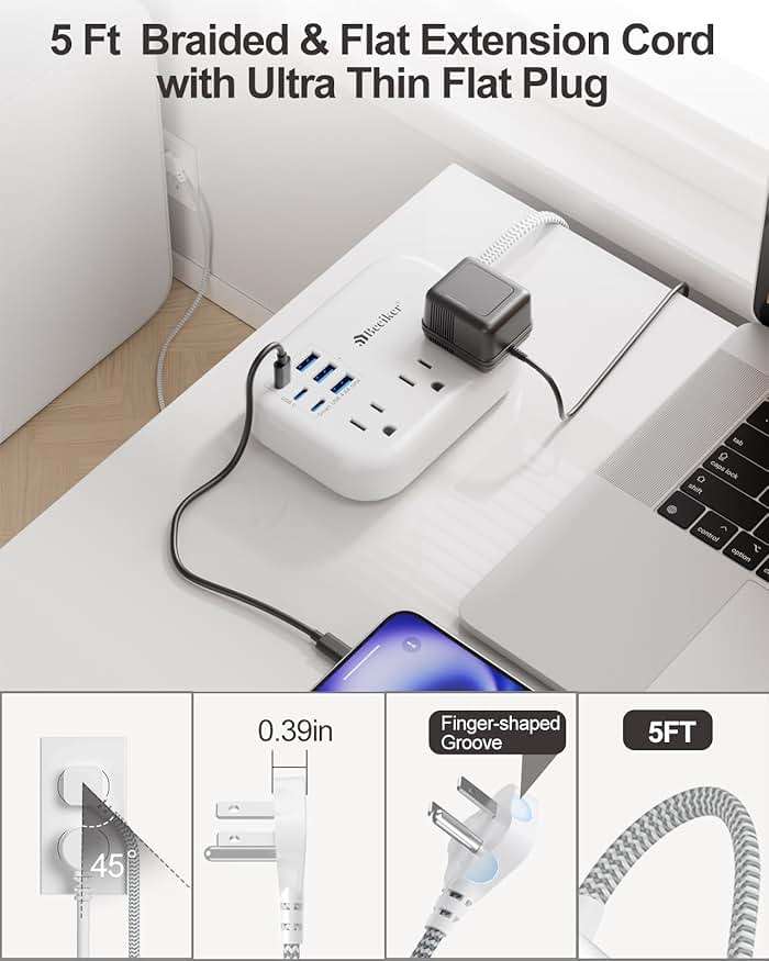 6 USB(3 USB C) Power Strip- Travel Power Strip with 6 USB Desktop Charging Station 24W/4.8A and 3 Outlets, 5Ft Flat Plug Braided Extension Cord, Non Surge Protector for Cruise Ship Travel Office Dorm - Image 5