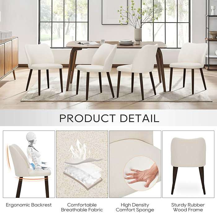 COLAMY Upholstered Dining Chairs Set of 6, Modern Fabric Dining Room Kitchen Side Chair with Padded Seat and Wood Legs for Restaurant/Cafe, Beige - Image 5