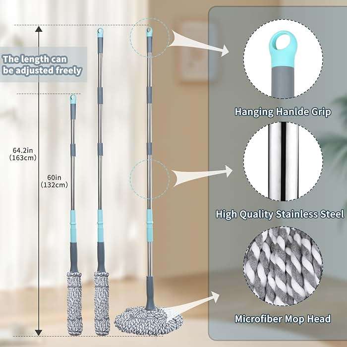 Self-Wringing Twist Mop for Floor Cleaning, Long Handled Microfiber Floor Mop with Top Scouring Pad for Kitchen, Hardwood, Restaurant, Bathroom, Garages, Warehouses, Office, 64-inch , Grey - Image 4