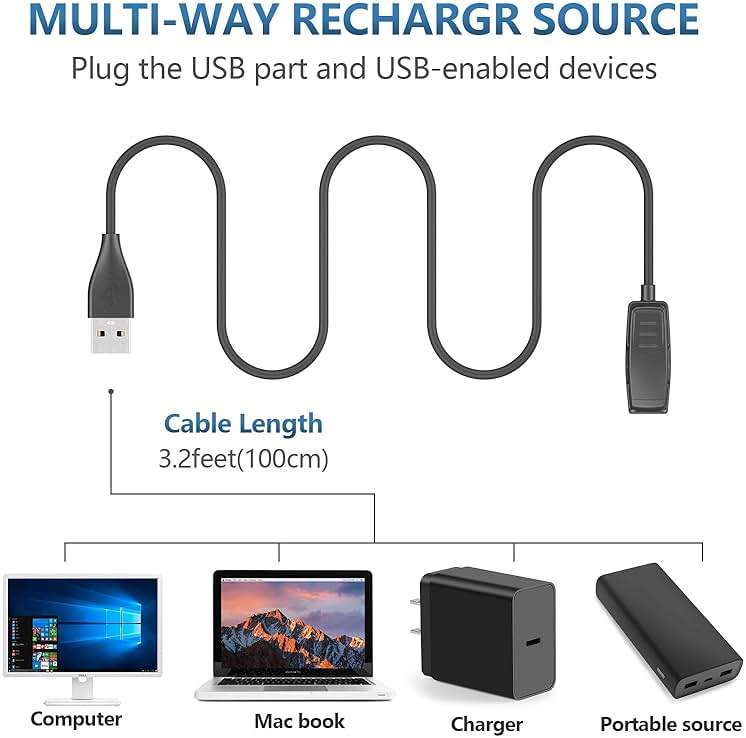 Meliya USB A Charger for Garmin Forerunner 735XT 235 35 64 230 630 645/645 Music, Approach S20/G10, Vivomove HR/Lily/Lily 2 Smart Watch Replacement Charger Charging Clip Cable (3.3FT/1M) - Image 7