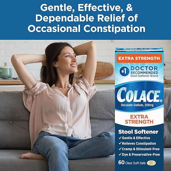 Colace Extra Strength Stool Softener, 60 Count, Gentle Constipation Relief for Adults, 250 mg Docusate Capsules, #1 Doctor Recommended Stool Softener Brand - Image 4