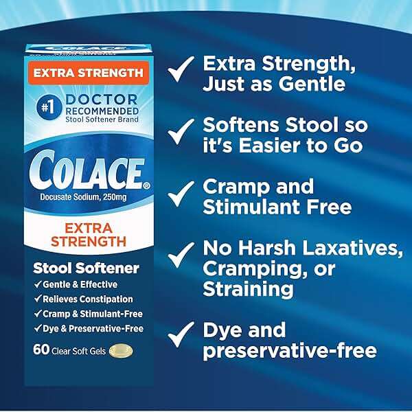 Colace Extra Strength Stool Softener, 60 Count, Gentle Constipation Relief for Adults, 250 mg Docusate Capsules, #1 Doctor Recommended Stool Softener Brand - Image 6