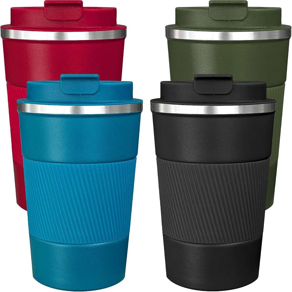 ATZNZIK 4 Pack Insulated Coffee Mug with Lid 12oz Travel Coffee Tumbler Stainless Steel Reusable Coffee Cups Thermal Coffee Mug for Hot and Iced Cold Drinks, Multicolor - Image 1