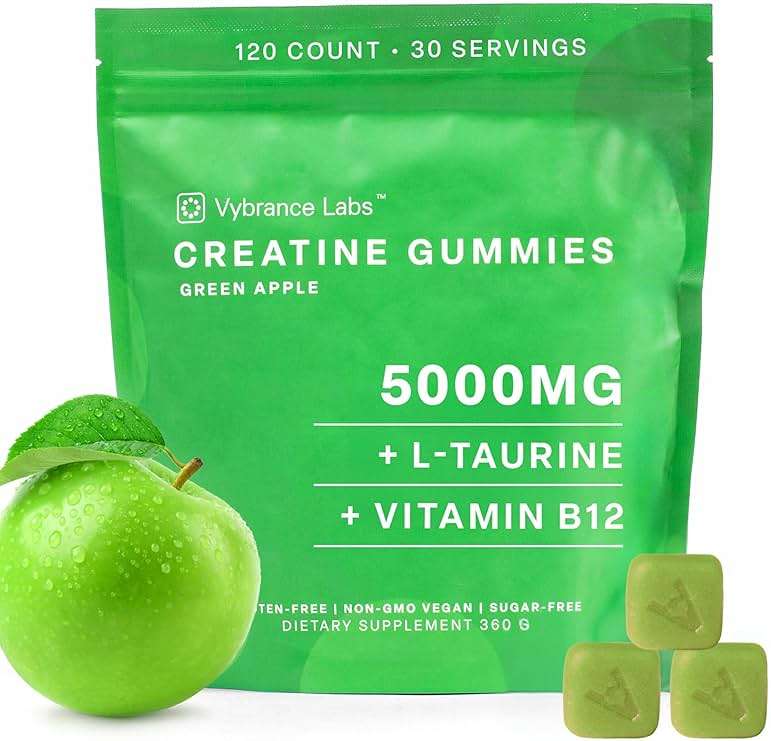 VYBRANCE LABS Creatine Gummies for Women & Men — First & Only 5g Creatine + Taurine + Vitamin B12 | Vegan Creatine Gummies | Sugar-Free | Green Apple - Image 1
