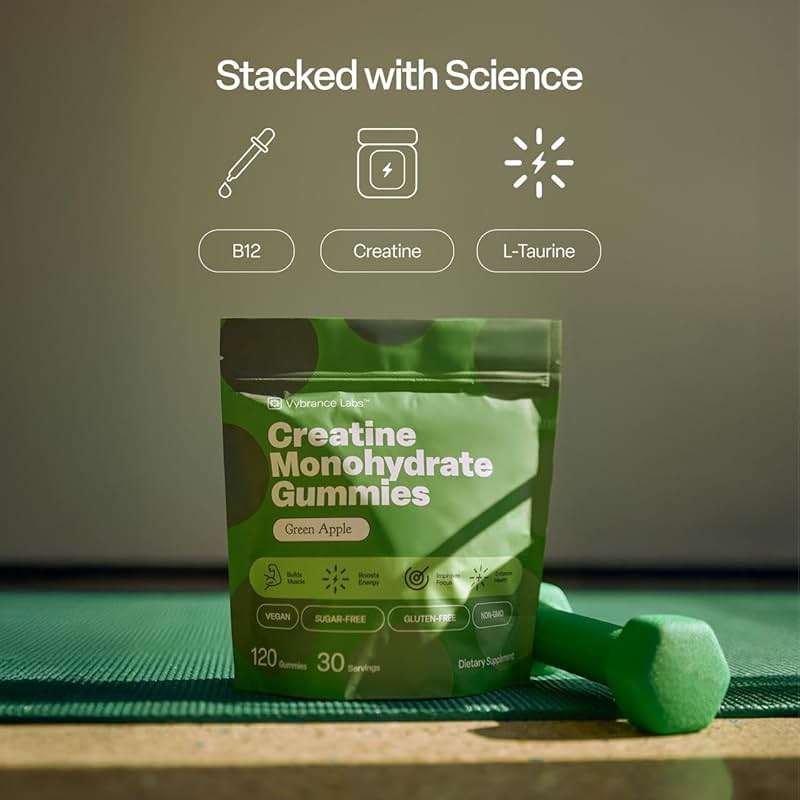 VYBRANCE LABS Creatine Gummies for Women & Men — First & Only 5g Creatine + Taurine + Vitamin B12 | Vegan Creatine Gummies | Sugar-Free | Green Apple - Image 4