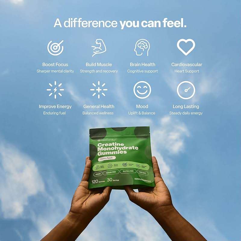 VYBRANCE LABS Creatine Gummies for Women & Men — First & Only 5g Creatine + Taurine + Vitamin B12 | Vegan Creatine Gummies | Sugar-Free | Green Apple - Image 6