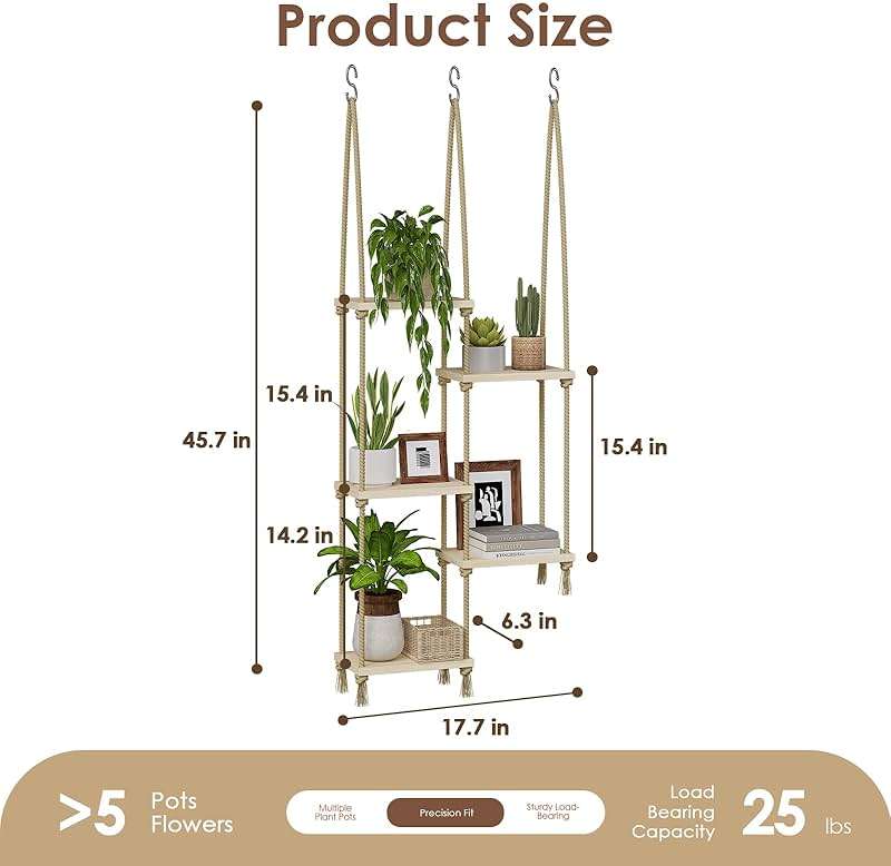 Bamworld Hanging Shelves Plant Hanger Indoor Window Plant Shelves Wood Plant Wall Shelf Window Sill Plant Shelf Indoor Hanging Plant Stand Living Room Decor Garden Boho Decor - Image 3