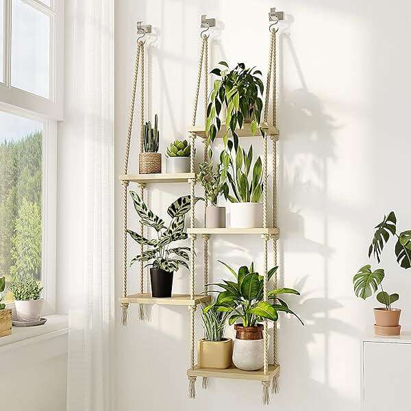 Bamworld Hanging Shelves Plant Hanger Indoor Window Plant Shelves Wood Plant Wall Shelf Window Sill Plant Shelf Indoor Hanging Plant Stand Living Room Decor Garden Boho Decor - Image 6