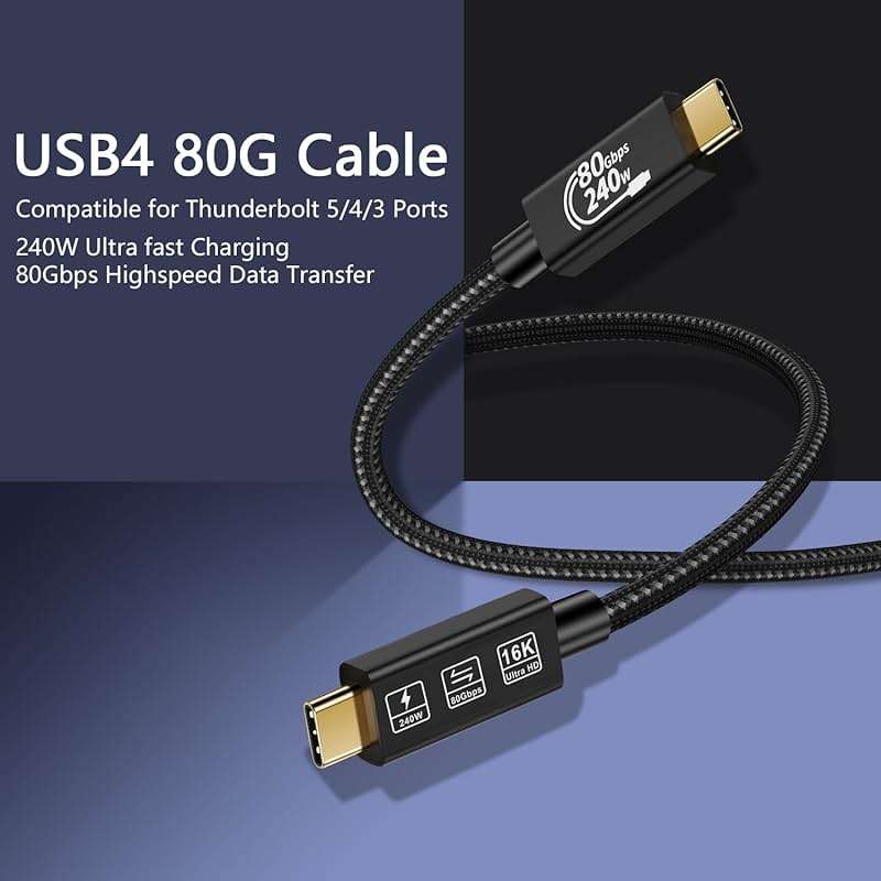 CHENLENIC USB4 Cable, with Thunderbolt 5 Cable, 240 W Charging, 80 Gbps Data, gen4,16K@60Hz 4K120Hz HDR, USB C to USB C, for Hub, Dock, M2, M3, SSD, Laptops, Monitor (TB5 80G 240W 1M) - Image 2