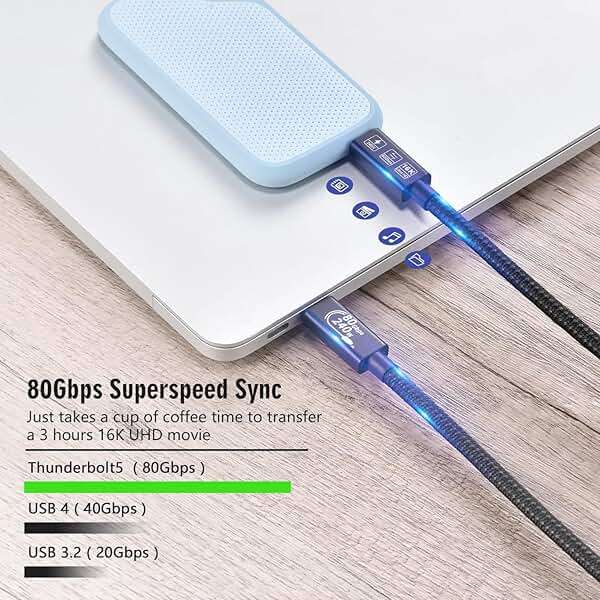 CHENLENIC USB4 Cable, with Thunderbolt 5 Cable, 240 W Charging, 80 Gbps Data, gen4,16K@60Hz 4K120Hz HDR, USB C to USB C, for Hub, Dock, M2, M3, SSD, Laptops, Monitor (TB5 80G 240W 1M) - Image 4