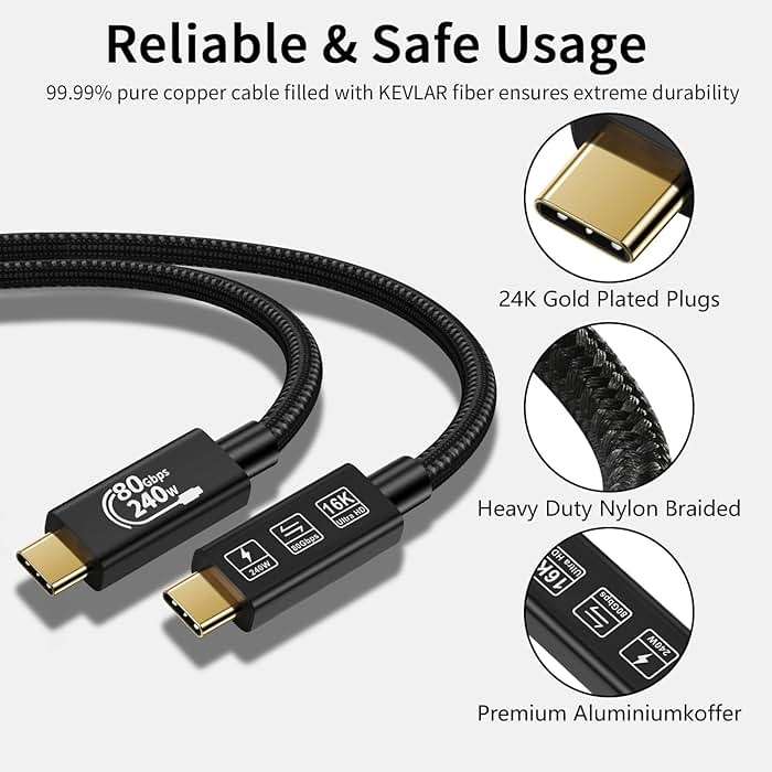 CHENLENIC USB4 Cable, with Thunderbolt 5 Cable, 240 W Charging, 80 Gbps Data, gen4,16K@60Hz 4K120Hz HDR, USB C to USB C, for Hub, Dock, M2, M3, SSD, Laptops, Monitor (TB5 80G 240W 1M) - Image 6
