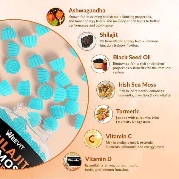 Shilajit Sea Moss Ashwagandha Gummies with Turmeric, Black Seed Oil, Vitamin C D for Men & Women, Shilajit and Ashwagandha Gummy, All in 1 Supplements for Immune, Absorption & Energy Support - Image 3