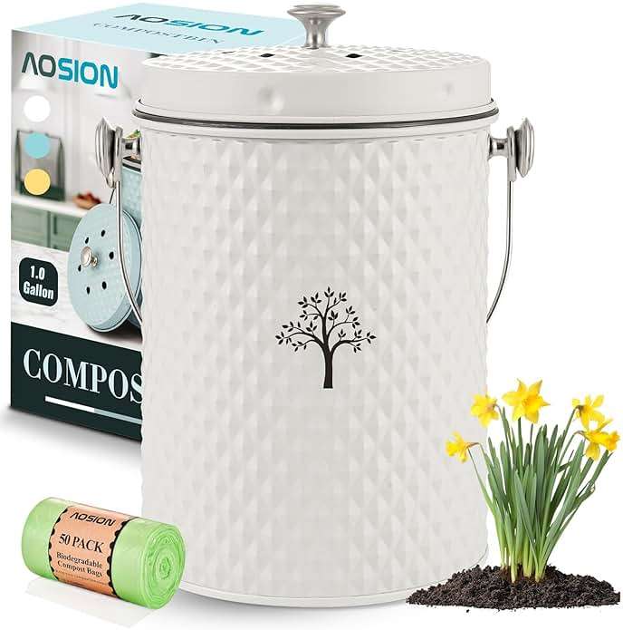 AOSION Countertop Compost Bin Kitchen,Odorless Indoor Compost Bin with Lid and 50 Compost Bags,Compost Bucket Composter Container for Food Waste,Creamy White1.0 Gallon - Image 1