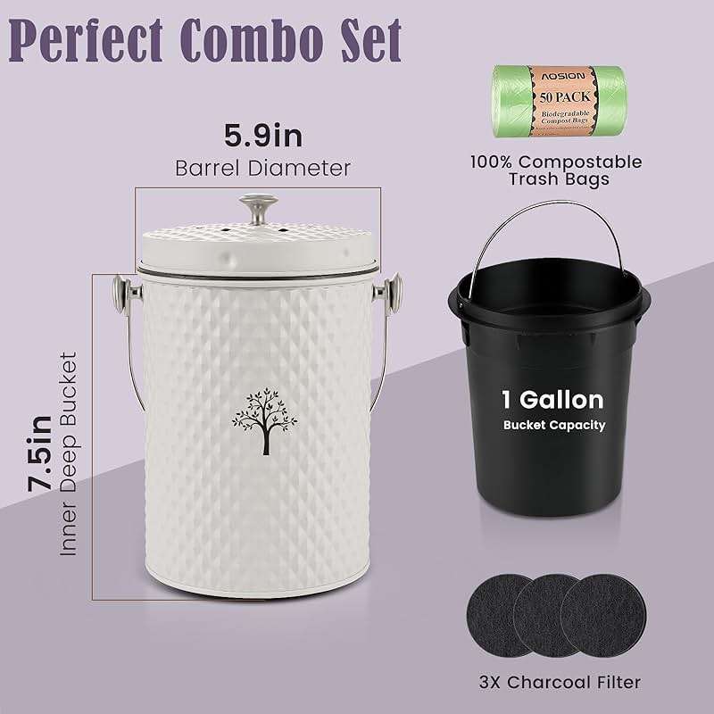 AOSION Countertop Compost Bin Kitchen,Odorless Indoor Compost Bin with Lid and 50 Compost Bags,Compost Bucket Composter Container for Food Waste,Creamy White1.0 Gallon - Image 3