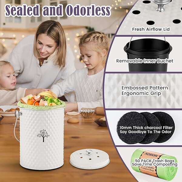 AOSION Countertop Compost Bin Kitchen,Odorless Indoor Compost Bin with Lid and 50 Compost Bags,Compost Bucket Composter Container for Food Waste,Creamy White1.0 Gallon - Image 4