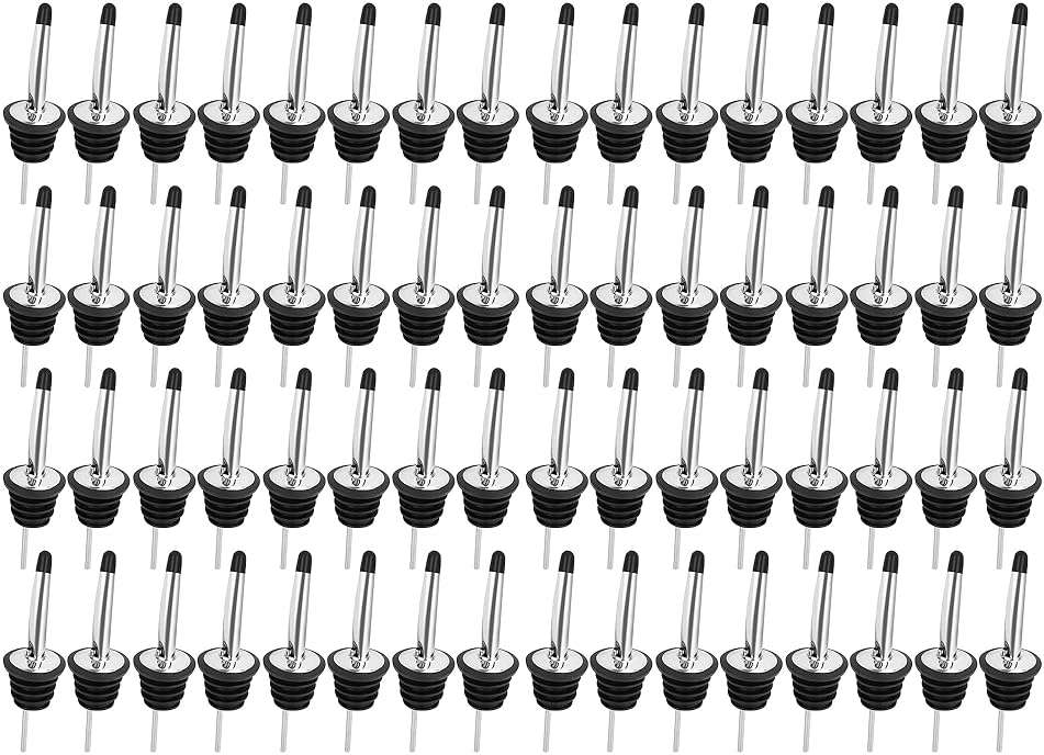 96 PCS Liquor Bottle Pourers, Stainless Steel Liquor Pour Spout, Olive Oil Spout, Bar Bartender Bottle Pourers for Alcohol with Rubber Dust Caps, Tapered Spout - Image 1