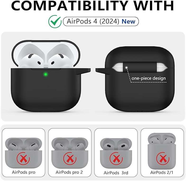 Ljusmicker for AirPods 4 Case 2024 with Cleaner Kit,Soft Silicone Protective Cover for Apple AirPods 4th Generation Cases for Women Men,Compatible with AirPod 4 Case Accessories with Keychain-Black - Image 2