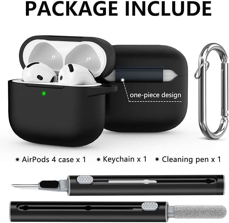 Ljusmicker for AirPods 4 Case 2024 with Cleaner Kit,Soft Silicone Protective Cover for Apple AirPods 4th Generation Cases for Women Men,Compatible with AirPod 4 Case Accessories with Keychain-Black - Image 3