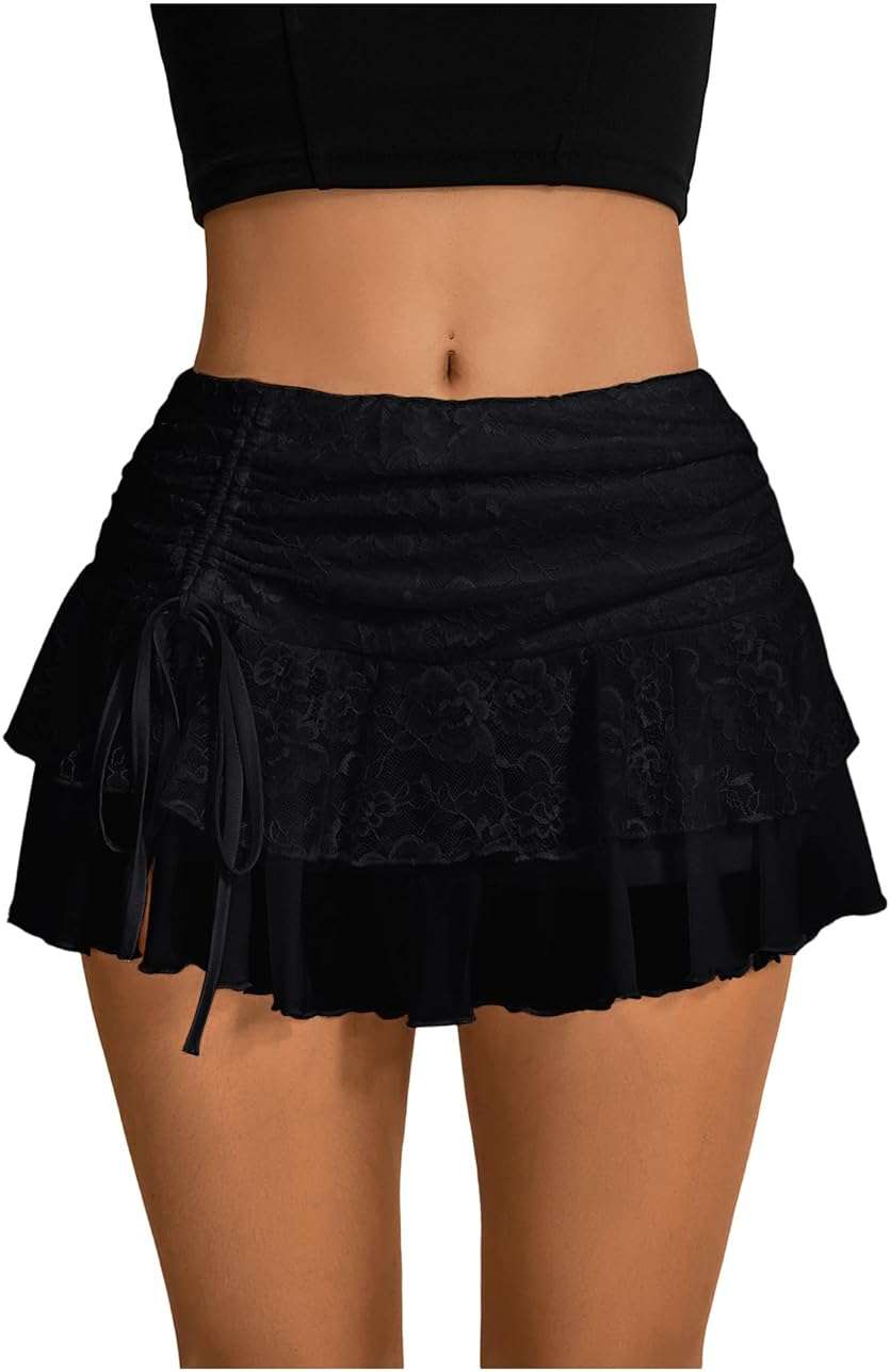Verdusa Women's Y2k Lace Ruffle Mini Skirt Mesh High Waist Layered Skirt Skort Boho Outfits Micro Shorts - Image 1