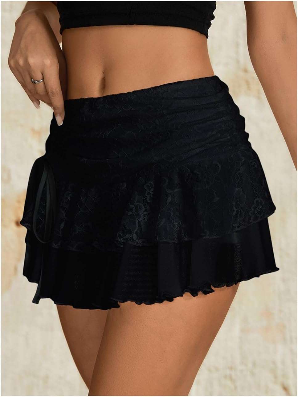 Verdusa Women's Y2k Lace Ruffle Mini Skirt Mesh High Waist Layered Skirt Skort Boho Outfits Micro Shorts - Image 3